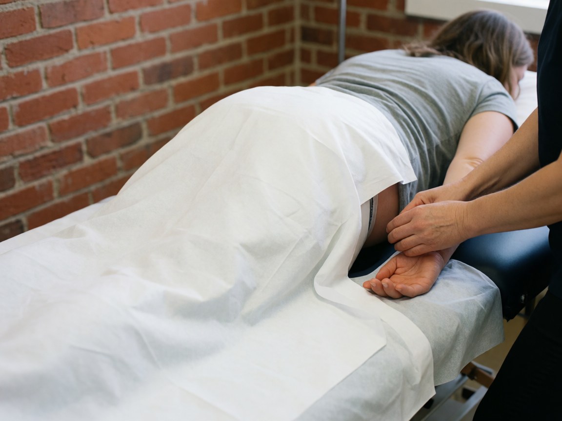 A close-up view of a specialized massage table designed for pregnant women, featuring a cutout section for abdominal safety and comfortable positioning during prenatal therapy sessions.