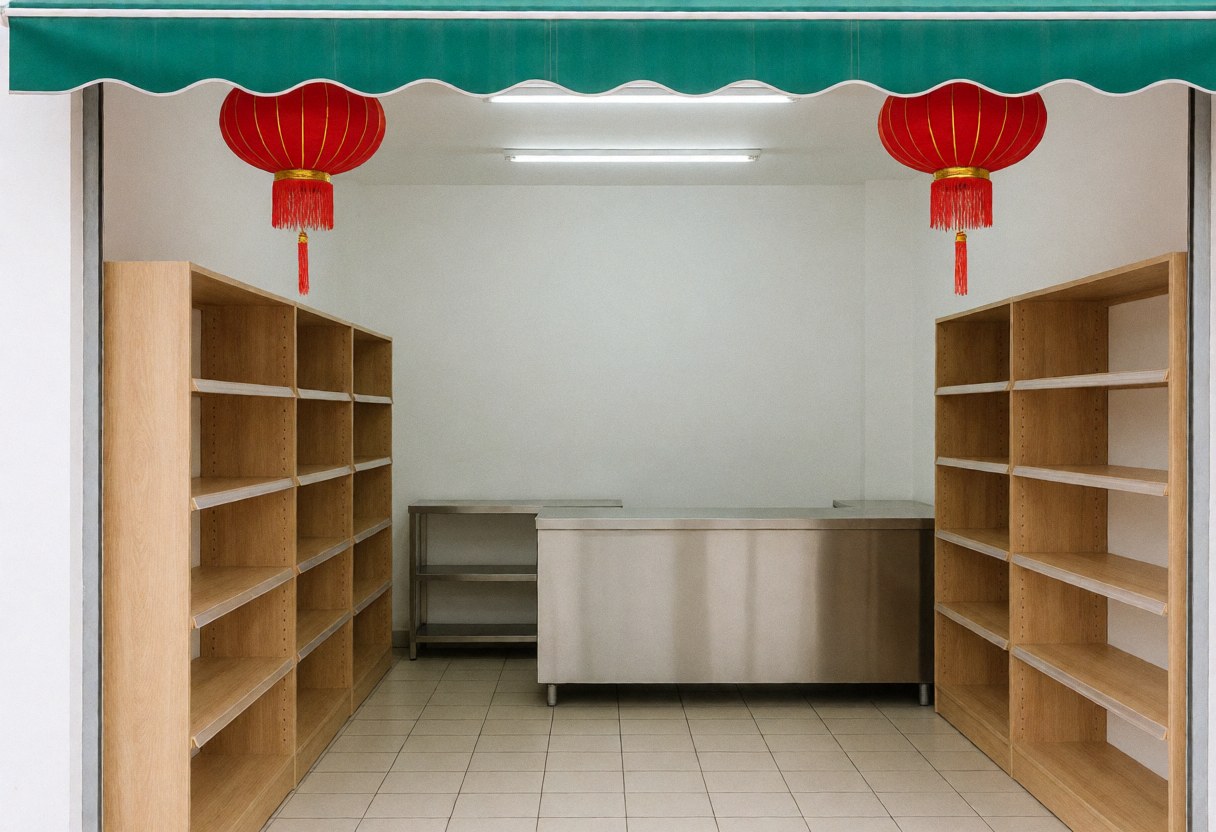 Empty minimarket interior featuring wooden shelves, a stainless steel counter, tiled floor, and two red pendant lanterns under a green awning.