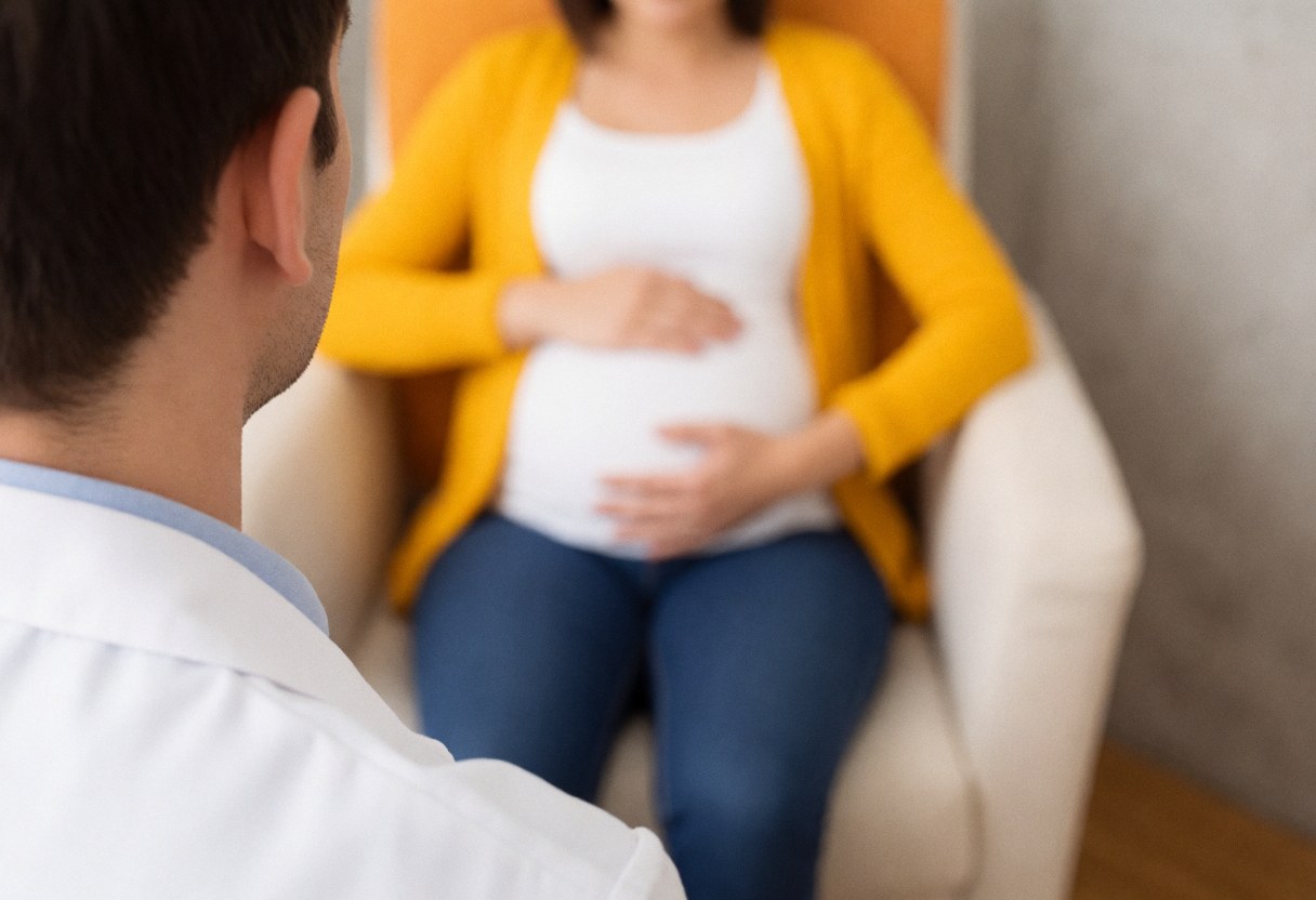 A professional therapist leans forward attentively while providing a prenatal massage to a pregnant woman seated in a chair, demonstrating active listening and emotional support.