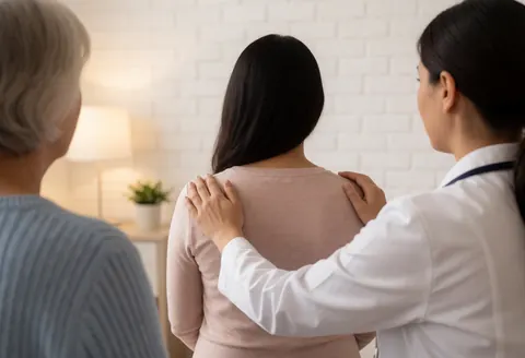 Therapist places hands on shoulders of pregnant client during relaxing breathing exercise in room with white brick wall and warm light