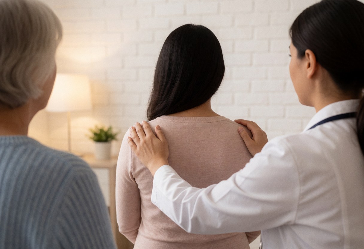 Therapist places hands on shoulders of pregnant client during relaxing breathing exercise in room with white brick wall and warm light