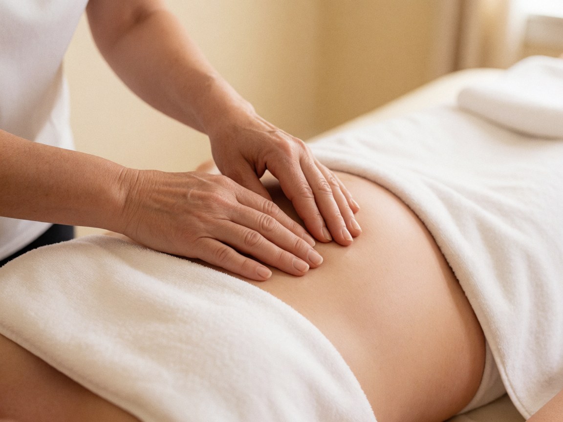 Close-up of hands applying gentle pressure to a pregnant woman's abdomen, white towels, warm lighting, relaxed atmosphere.