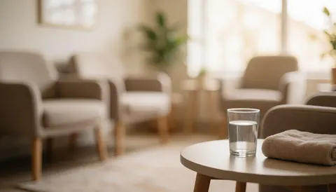 A comfortable waiting area with chairs, a table holding water and a towel, featuring a warm and relaxing atmosphere suitable for text overlays.