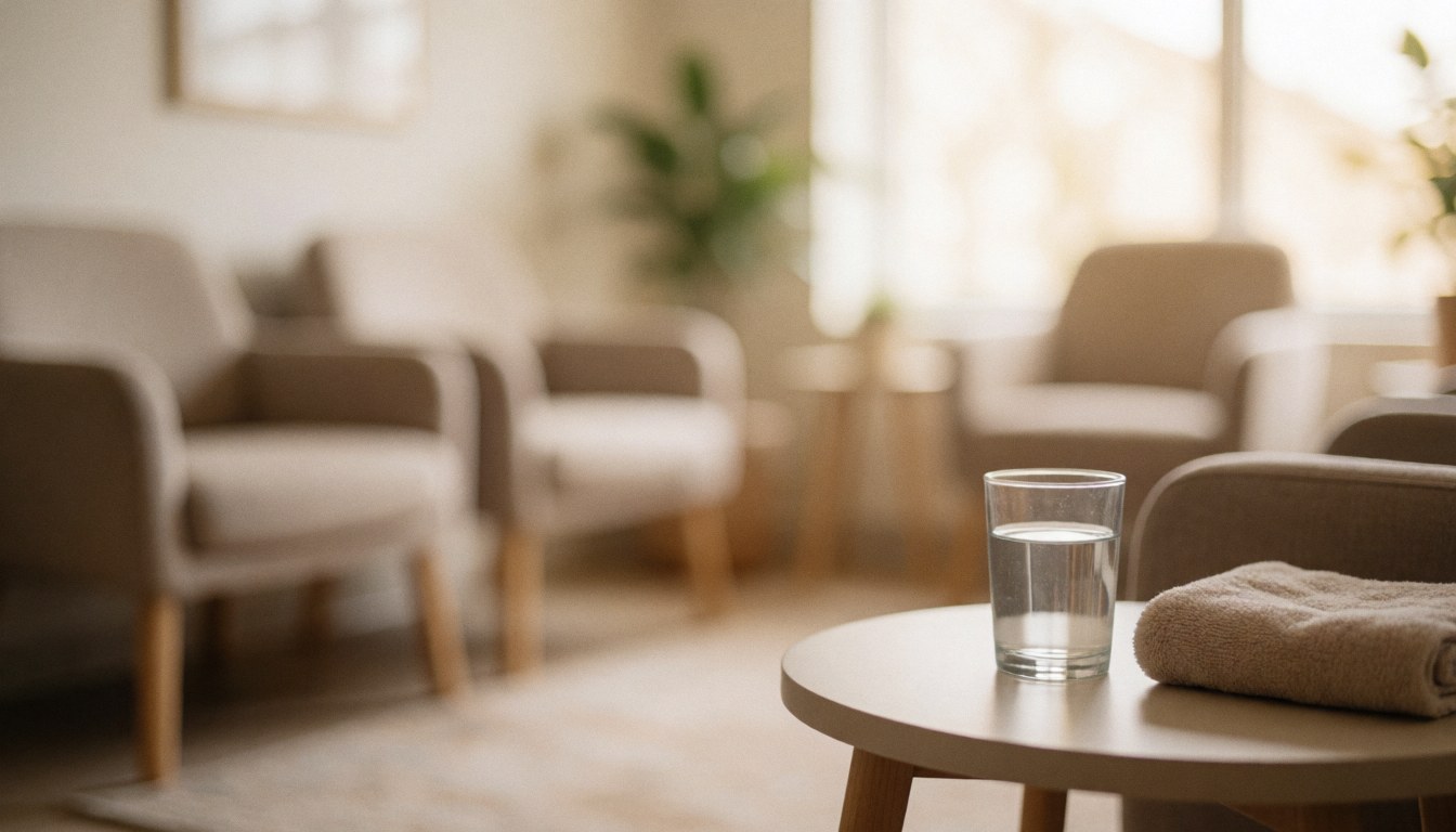 A comfortable waiting area with chairs, a table holding water and a towel, featuring a warm and relaxing atmosphere suitable for text overlays.