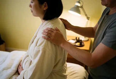 A couple lying side by side on a bed receiving a therapeutic shoulder massage from a professional therapist in a calm and relaxing environment.