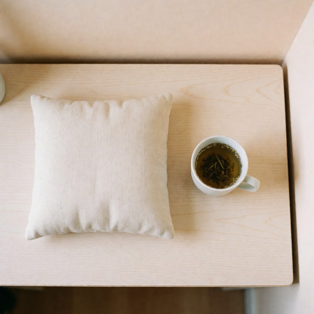 A cozy arrangement featuring a soft cushion, a ceramic tea cup, and wooden table elements to promote relaxation and tranquility for maternal care.