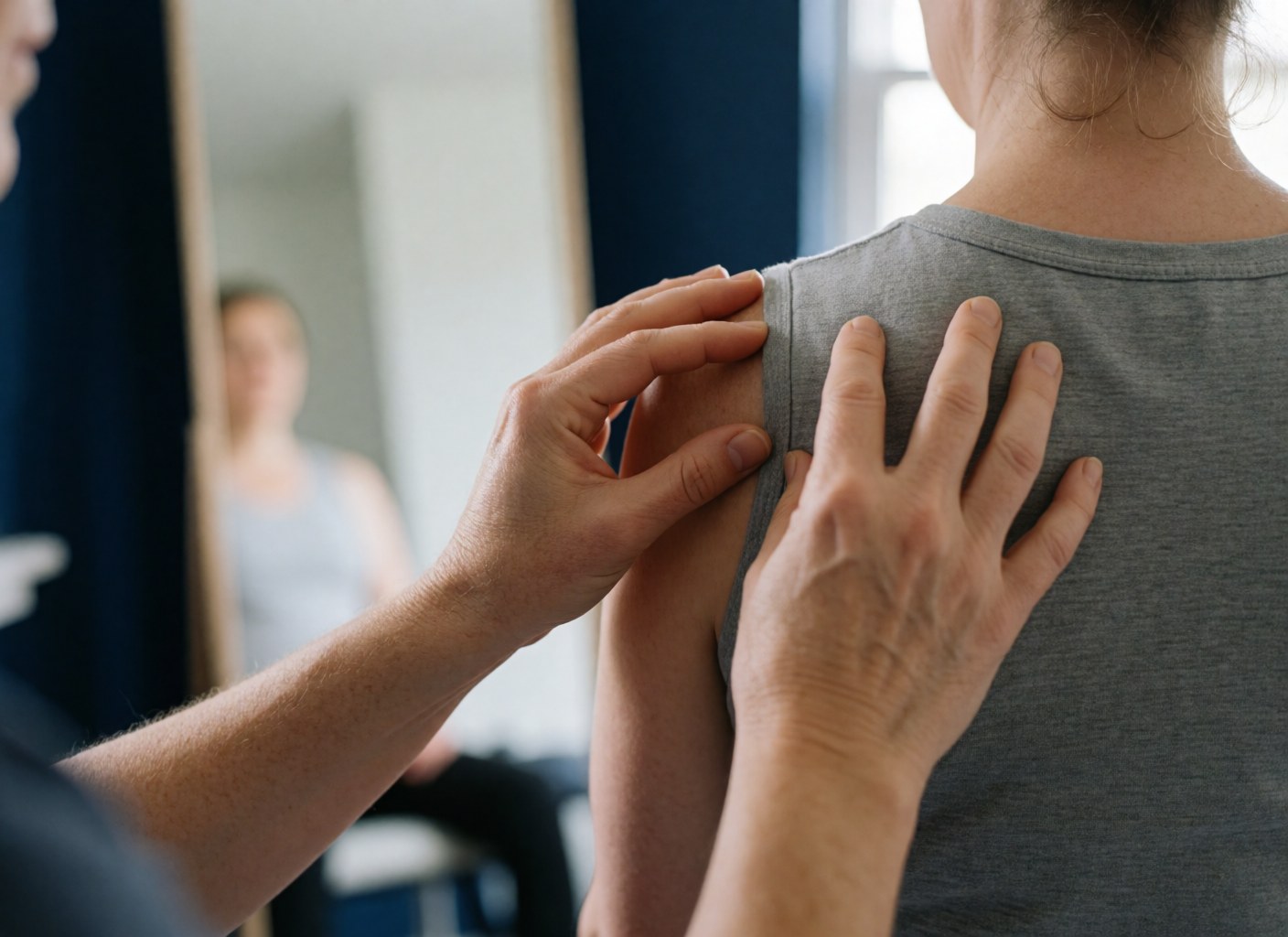 Therapist hands adjusting a pregnant woman's shoulders for better posture and alignment during a prenatal massage session