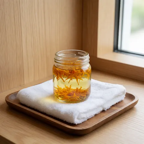 Glass jar filled with herbal oil and marigold petals resting on a white towel atop a wooden tray, illuminated by natural light, suitable for spa product display.