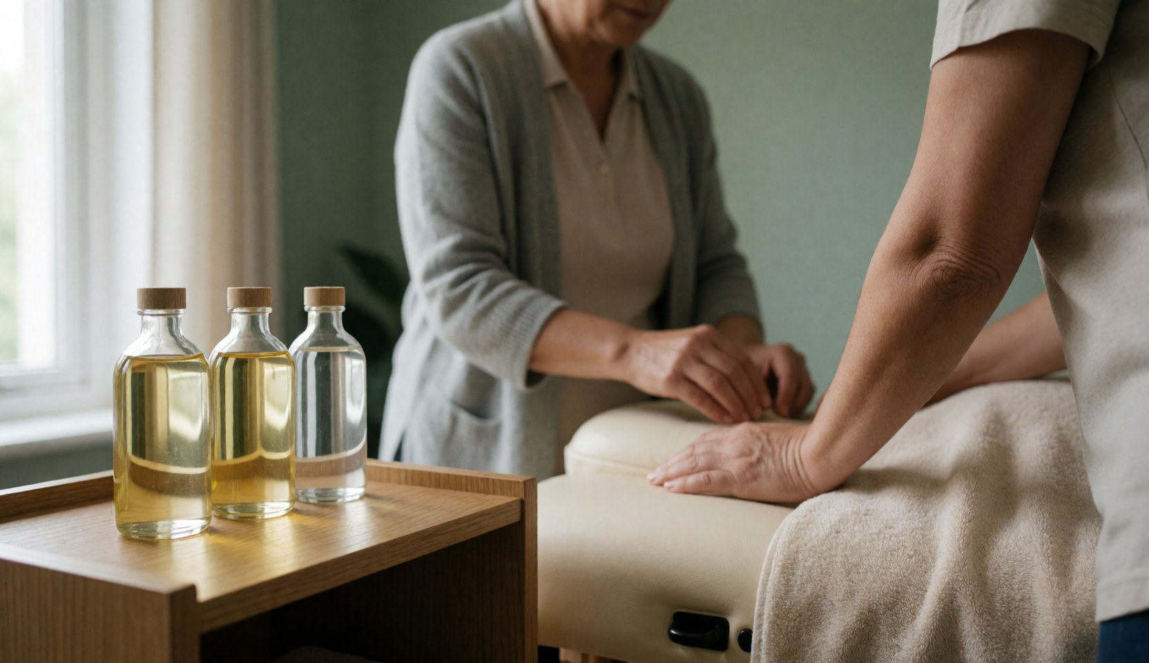 Therapist performing a prenatal massage on a wooden table using almond, jojoba, and lavender oils in a calm room