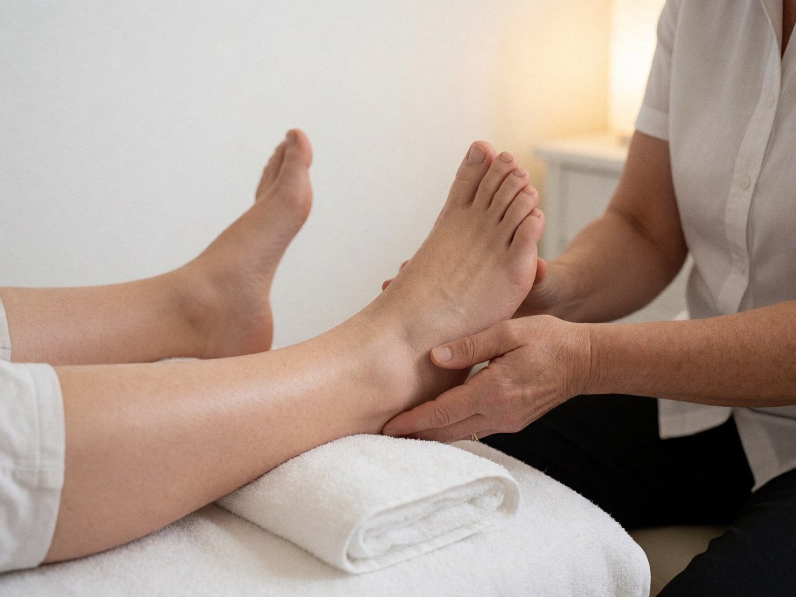 Close-up of a therapist's hands performing a gentle foot massage on a client, with white towels and a clean, relaxed background.