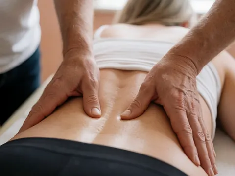 Close-up of gloved hands performing a deep tissue massage on a client's back in a therapeutic setting with terracotta walls