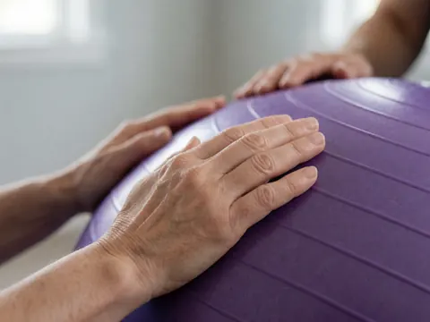Detailed close-up view of the textured surface of a purple exercise ball used for prenatal massage and physical therapy