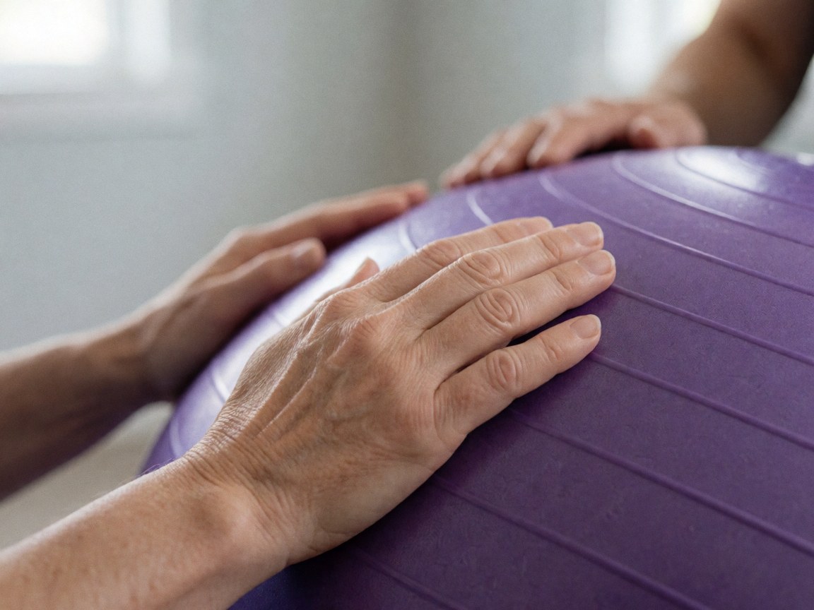 Detailed close-up view of the textured surface of a purple exercise ball used for prenatal massage and physical therapy