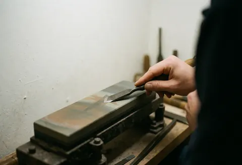 A close-up view of a chisel being sharpened on a grinding stone, producing bright orange sparks in a workshop setting.