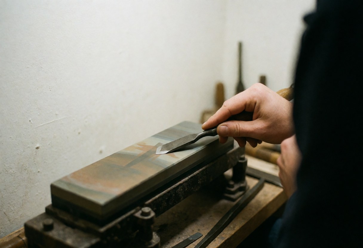 A close-up view of a chisel being sharpened on a grinding stone, producing bright orange sparks in a workshop setting.