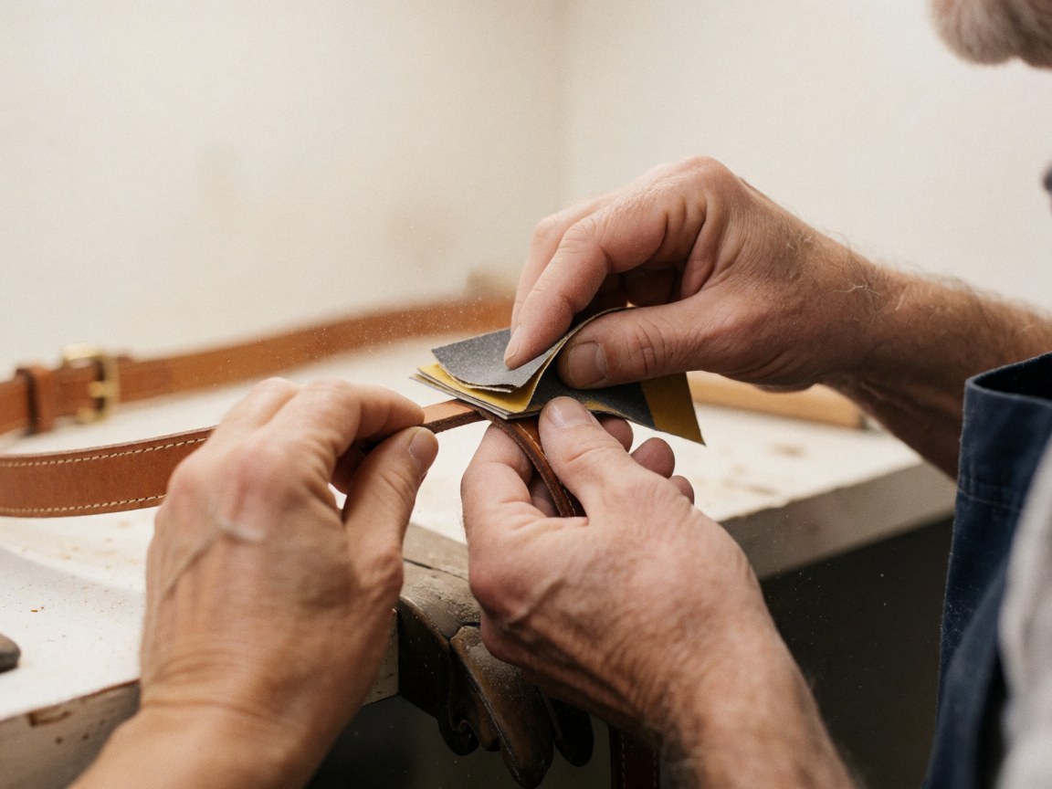 Craftsman sanding the edge of a leather strap with sandpaper, dust particles floating in the air against a blurred workshop background.