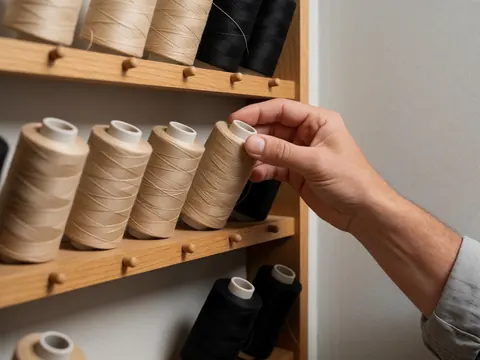 Close-up view of various colored threads for leather crafting arranged on a wooden shelf against a gray wall, highlighting texture and materials.