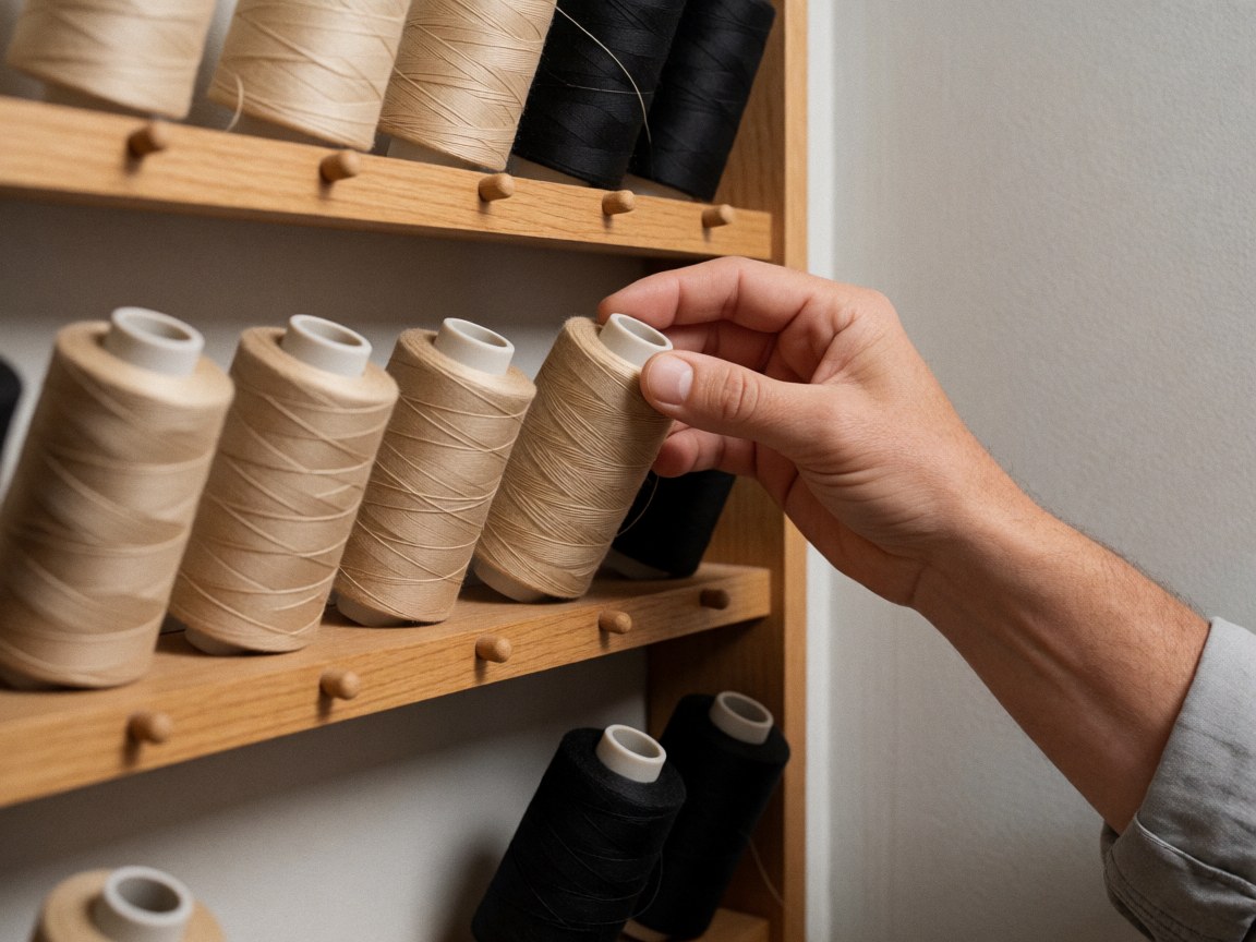 Close-up view of various colored threads for leather crafting arranged on a wooden shelf against a gray wall, highlighting texture and materials.