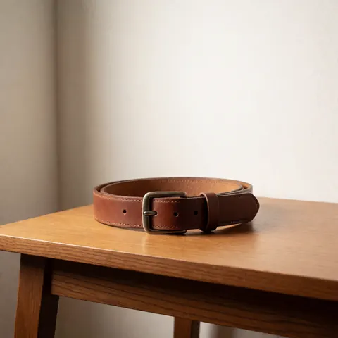 Close-up of a brown leather belt featuring a silver metal buckle, showcasing fine craftsmanship and texture suitable for product display.