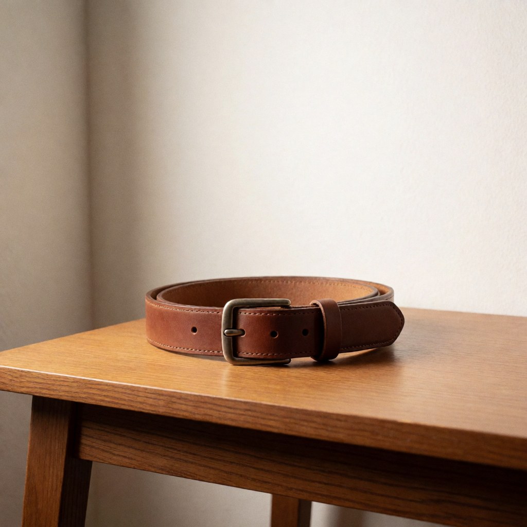 Close-up of a brown leather belt featuring a silver metal buckle, showcasing fine craftsmanship and texture suitable for product display.