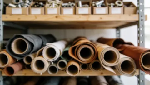 A background featuring leather rolls and various storage boxes used for materials and tools in a business setting
