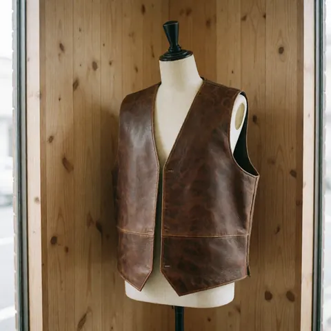 A finished brown leather sleeveless dress displayed on a mannequin in a workshop setting with natural light and wooden background