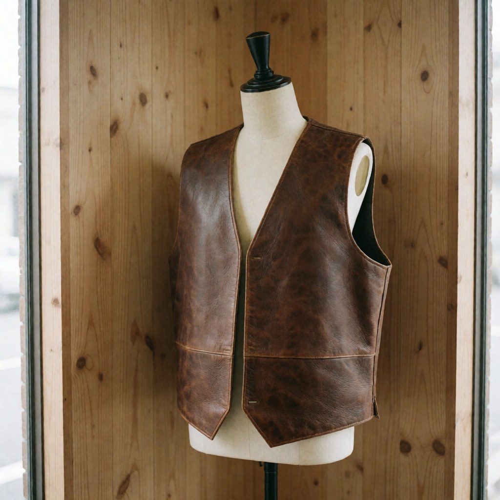 A finished brown leather sleeveless dress displayed on a mannequin in a workshop setting with natural light and wooden background