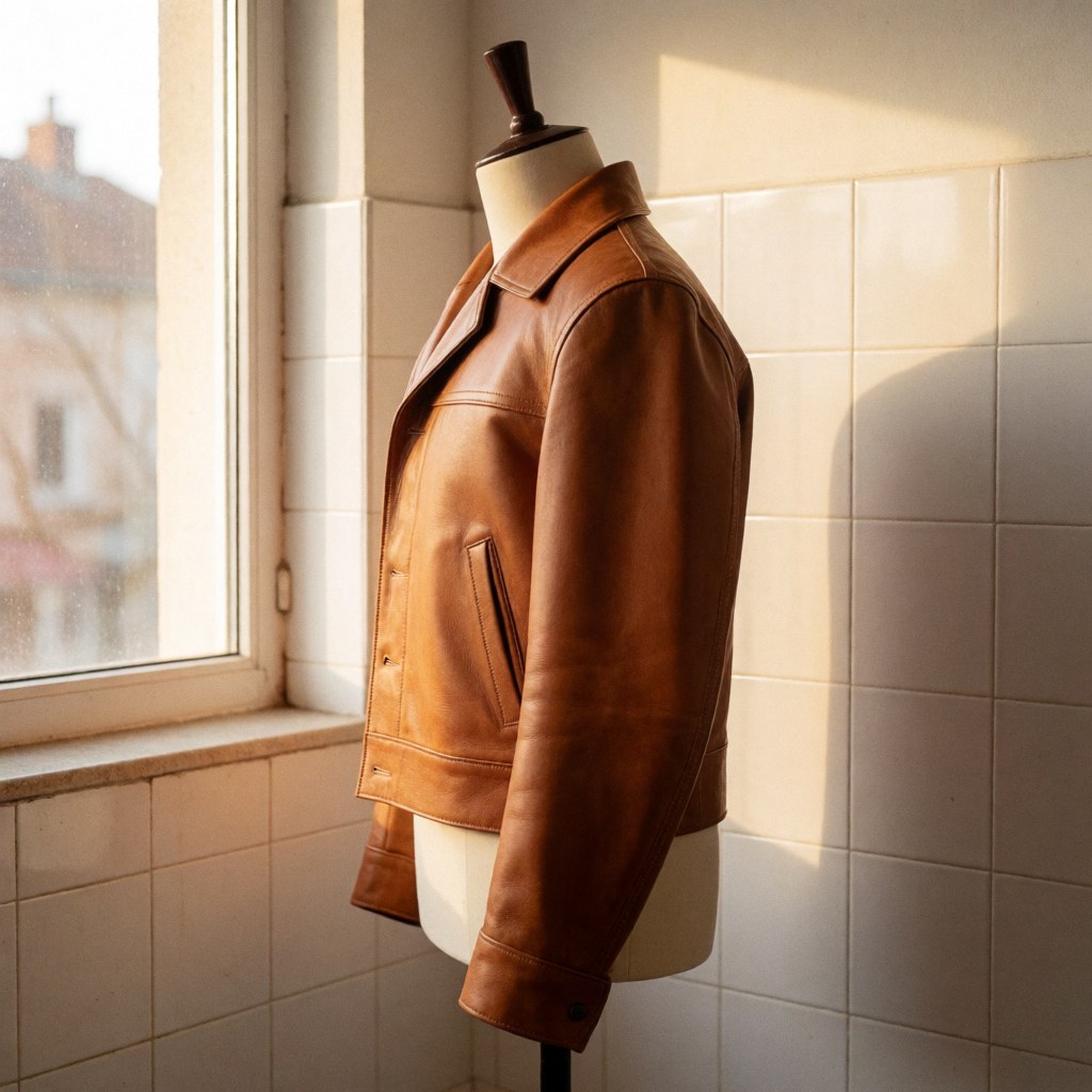Brown leather gaucho jackets displayed on a mannequin in a workshop with tiled walls and natural light from a window