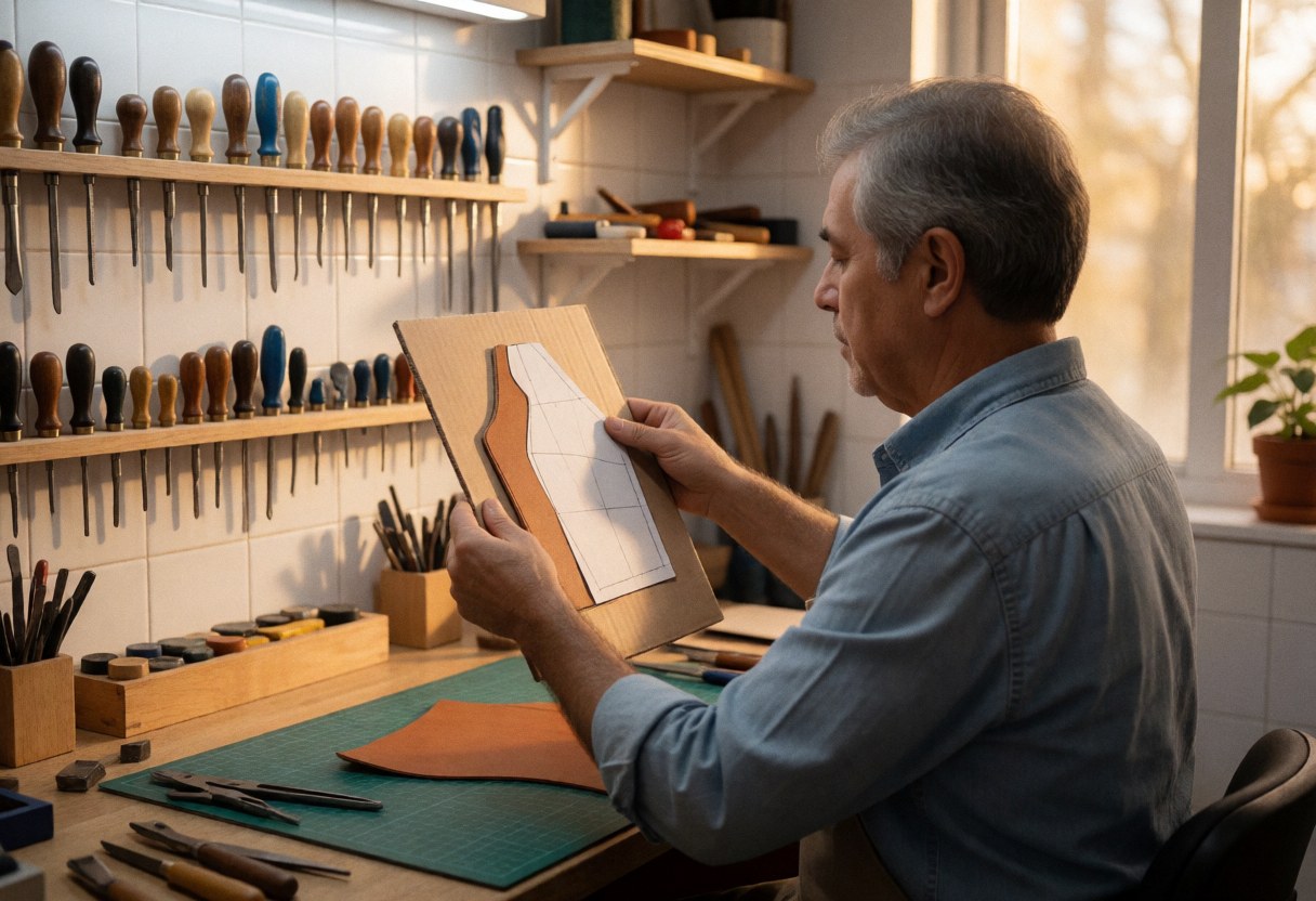 A close-up view of a craftsman's hands using measuring tools to verify dimensions on leather pieces in a workshop setting with natural light