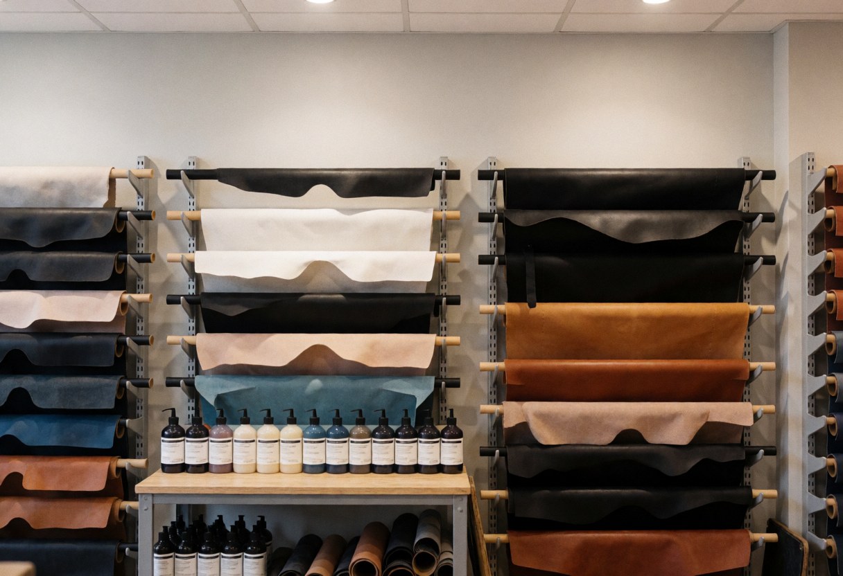 Neatly arranged leather rolls in various colors and dye bottles in a professional workshop setting for leather crafting
