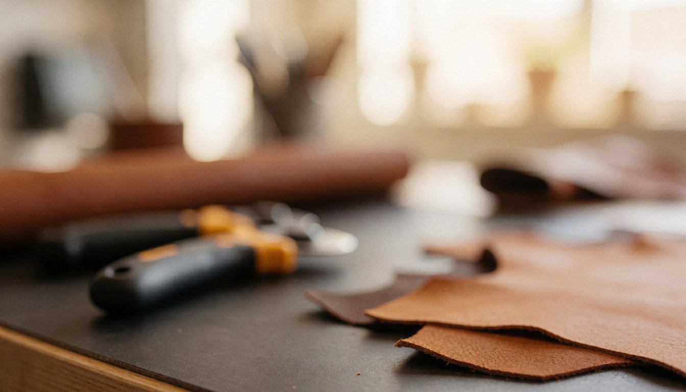 Warmly lit leather surface with marzipan tools, ideal for text overlay