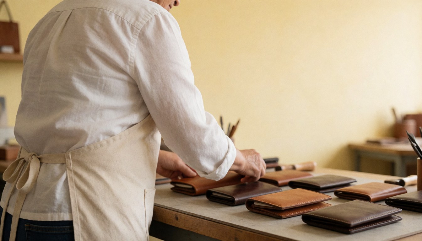 Leather craftsman arranging leather wallets on a workbench in a warm-lit studio with copy space on the right