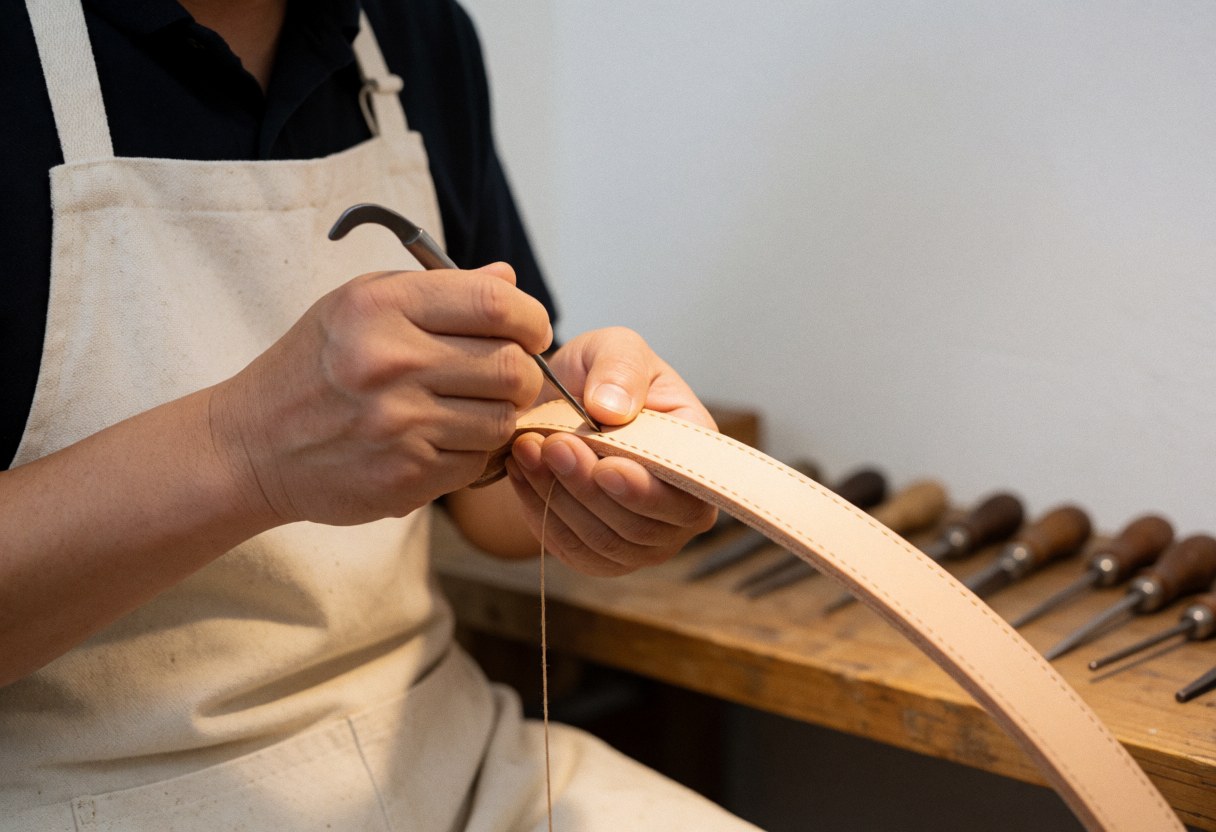 Close-up of hands stitching leather with a needle and awl on a workbench with tools, warm lighting, white background