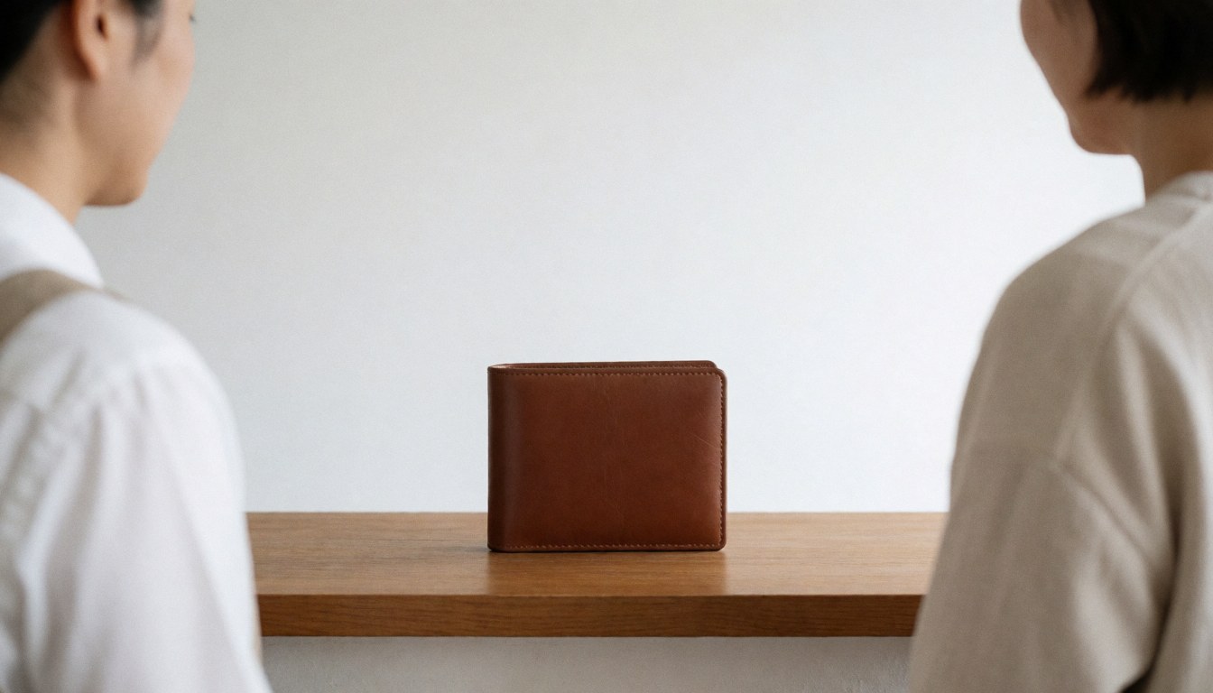 A standing leather wallet displayed on a white surface, showcasing its craftsmanship and elegant design for business use