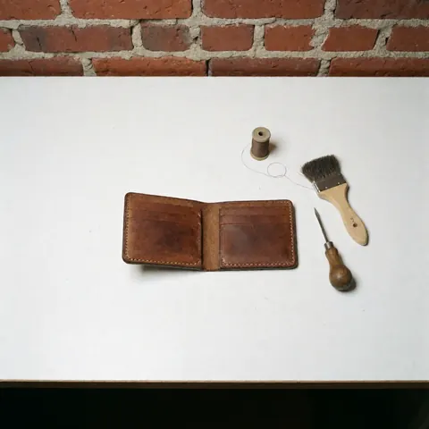 Top-down view of a repaired leather wallet showing detailed craftsmanship and tools used in the restoration process