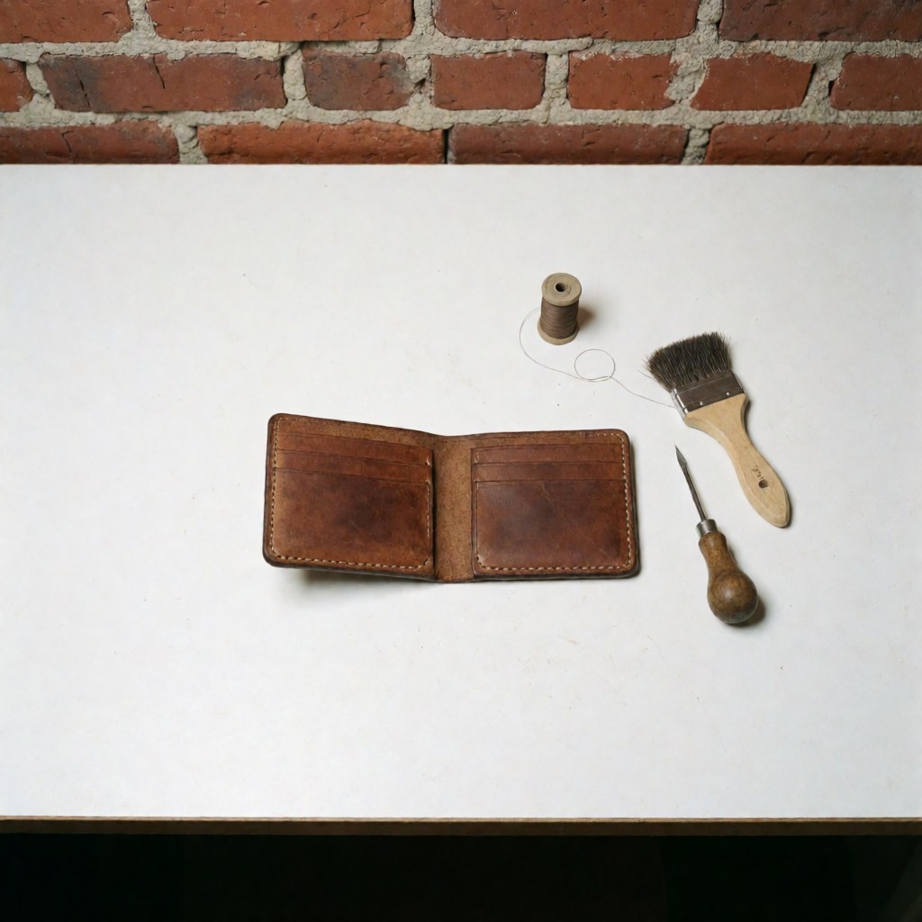 Top-down view of a repaired leather wallet showing detailed craftsmanship and tools used in the restoration process