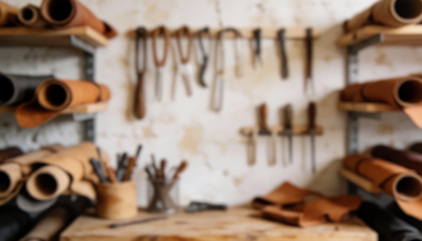 Out of focus leather workshop background featuring hanging tools, leather rolls, and a work table, ideal for commercial text overlays.