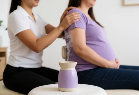 A pregnant woman lying on a bed receiving a relaxing aromatherapy massage from a professional therapist in a calm, softly lit room.