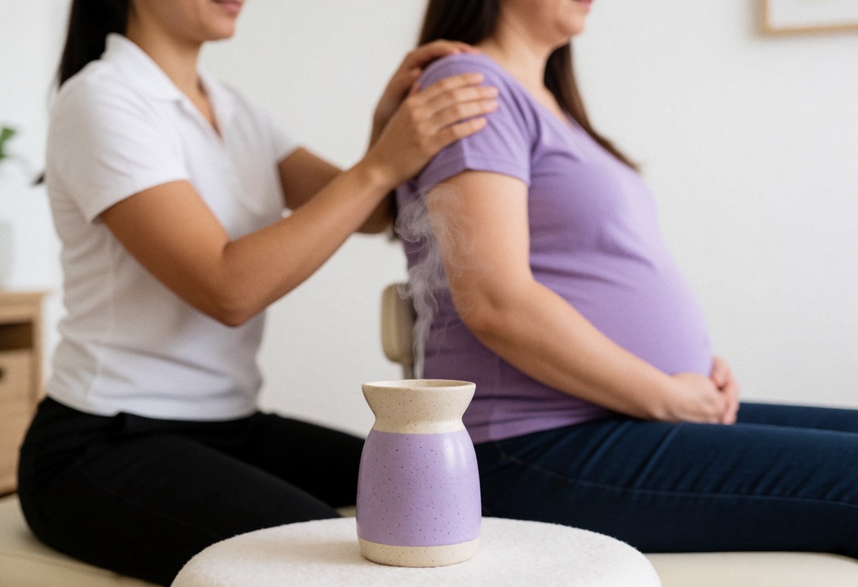 A pregnant woman lying on a bed receiving a relaxing aromatherapy massage from a professional therapist in a calm, softly lit room.