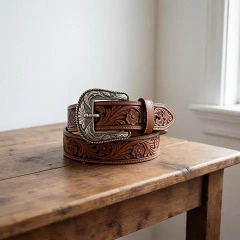 Rustic leather belt featuring floral tooling and a silver buckle resting on a wooden table with natural light and a white wall background