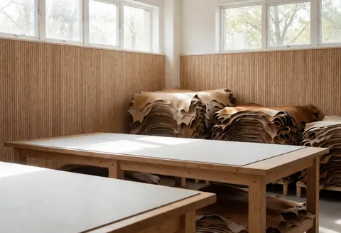 Empty leatherworking workshop with wooden tables, stacked leather hides, and natural light from windows for displaying products