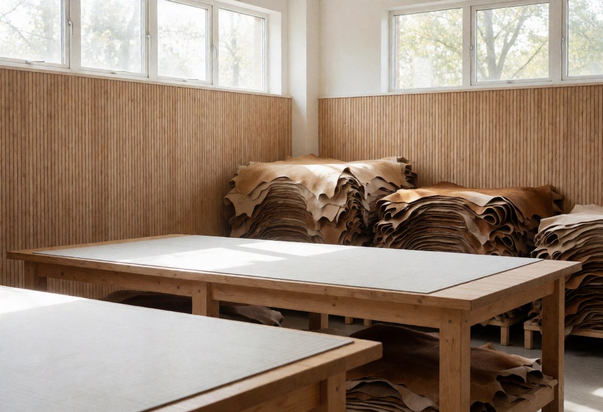 Empty leatherworking workshop with wooden tables, stacked leather hides, and natural light from windows for displaying products