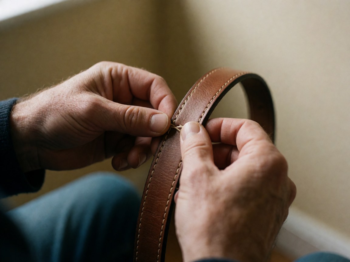 Close-up of hands hand-stitching a brown leather belt, highlighting the leather texture and saddle stitch details against a beige wall with soft professional lighting.
