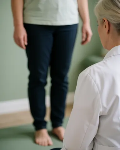 Osteopath in white coat reviewing the standing posture of a barefoot patient on a mat in a clinic with green walls and soft lighting
