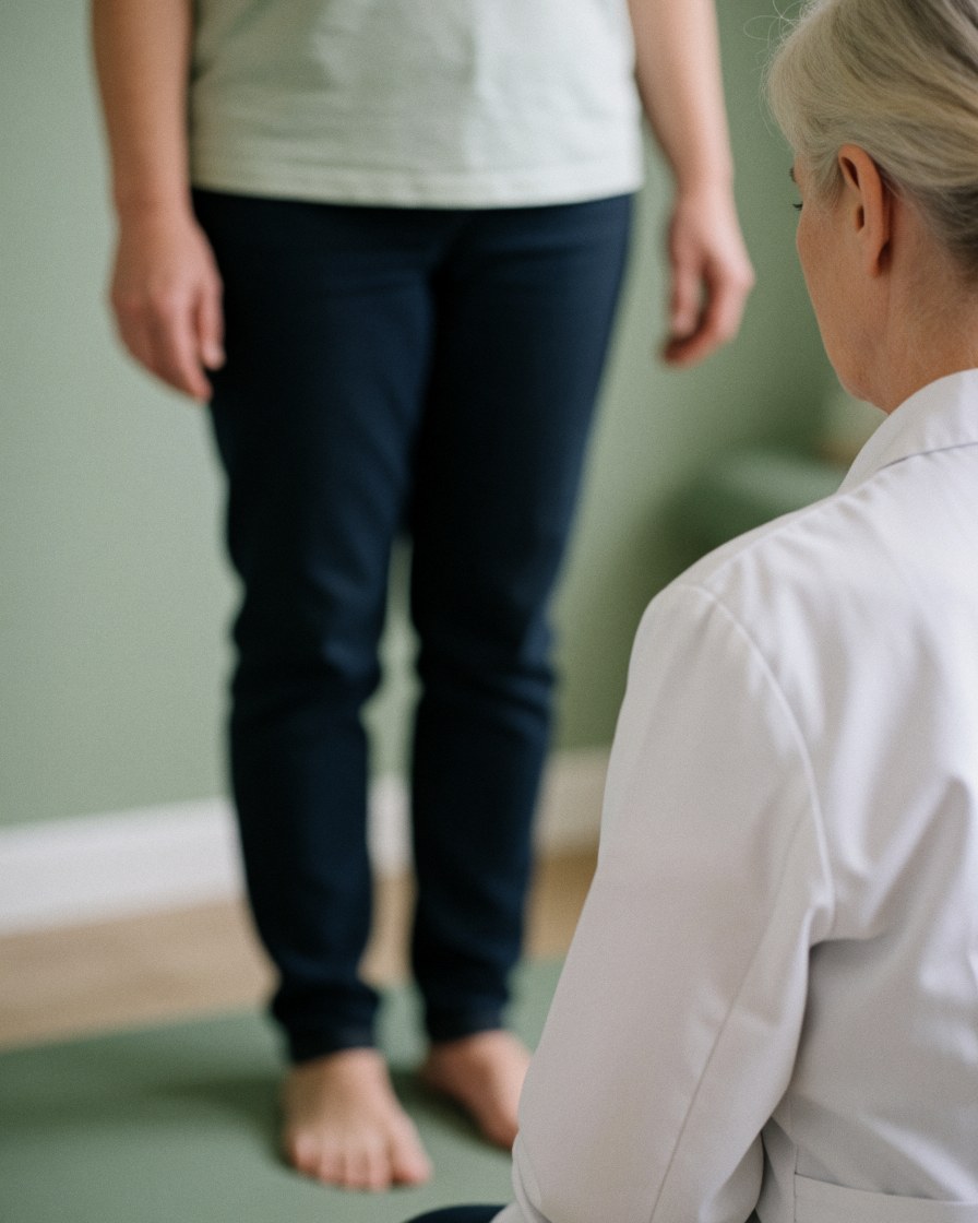 Osteopath in white coat reviewing the standing posture of a barefoot patient on a mat in a clinic with green walls and soft lighting