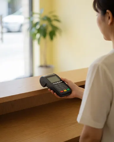 A satisfied customer completes payment at a wooden reception counter in a calm massage studio, with natural light and a plant visible in the background.
