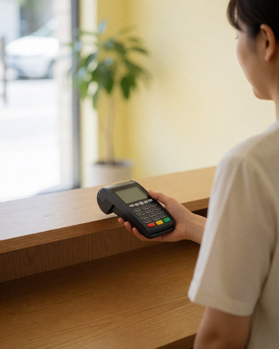 A satisfied customer completes payment at a wooden reception counter in a calm massage studio, with natural light and a plant visible in the background.