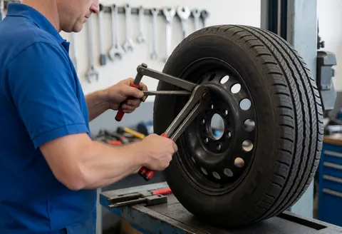 A mechanic in a workshop removing a bicycle tire using a specialized tool, with tools hanging on the wall in the background.