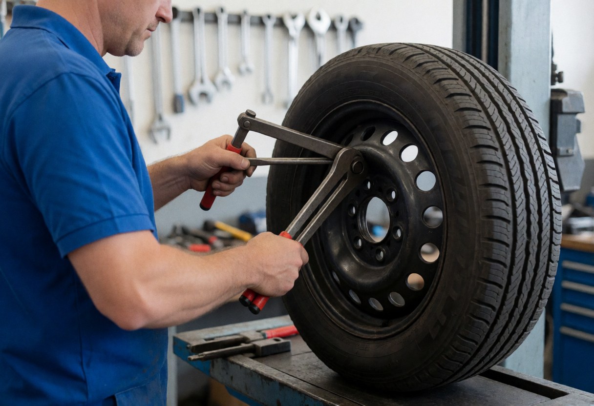 A mechanic in a workshop removing a bicycle tire using a specialized tool, with tools hanging on the wall in the background.