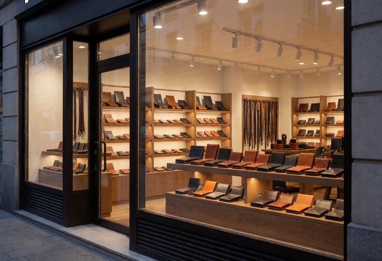 A well-lit glass display case showcasing high-quality leather bags and belts in a modern retail interior at night